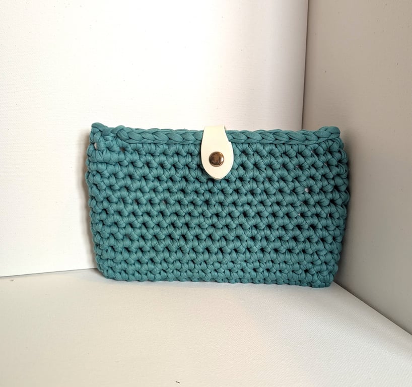 Handmade lined turquoise crochet t-shirt yarn clutch or over shoulder bag