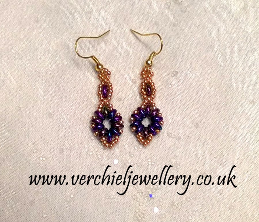 Purple & Antique Gold, Regal Crystal Beadwork Earrings