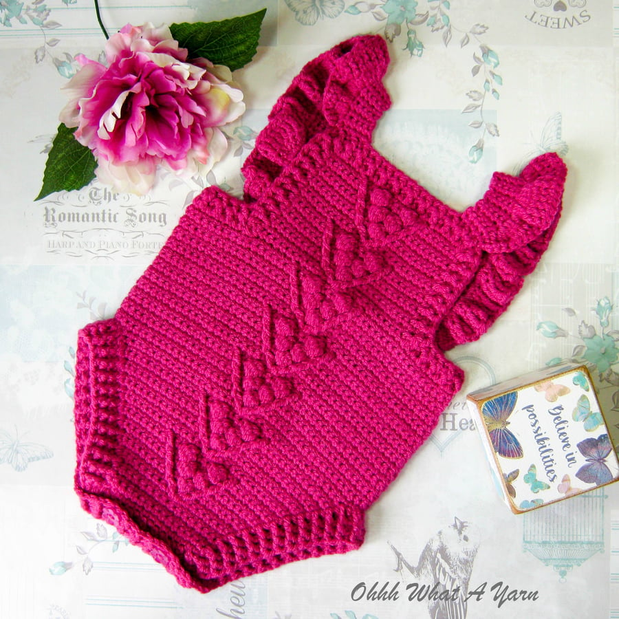 Raspberry pink crochet baby romper. Bobble stitch romper. Age 0-3 months