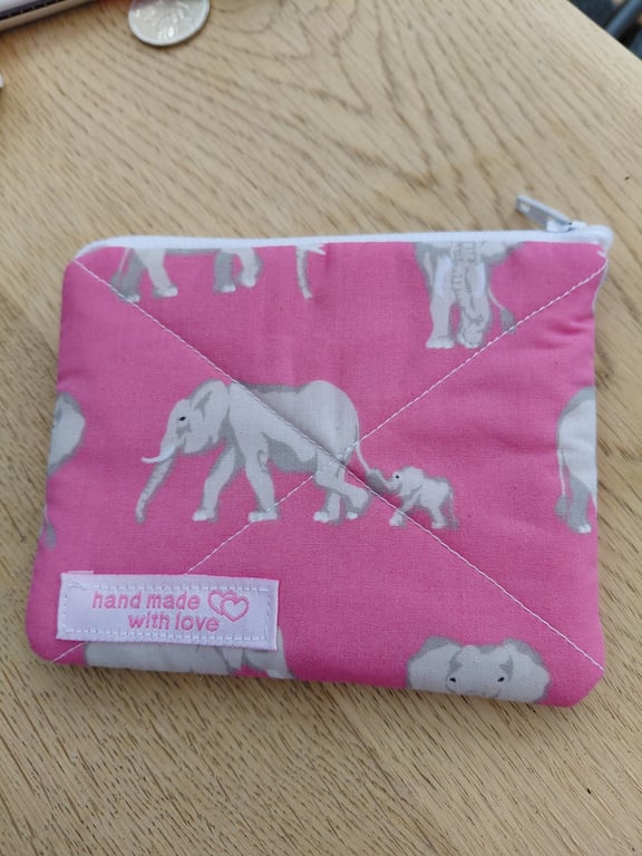 Handmade Quilted Coin Purse - Grey Elephants on Pink background