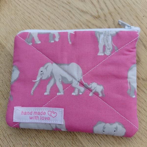 Handmade Quilted Coin Purse - Grey Elephants on Pink background