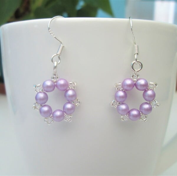 Small lilac and silver beaded dangle earrings