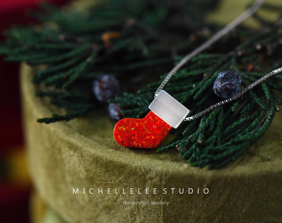 Christmas Sock  Red Opal Sock Bracelet With 925 Sterling Silver Chain