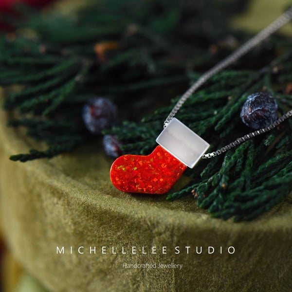 Christmas Sock  Red Opal Sock Bracelet With 925 Sterling Silver Chain