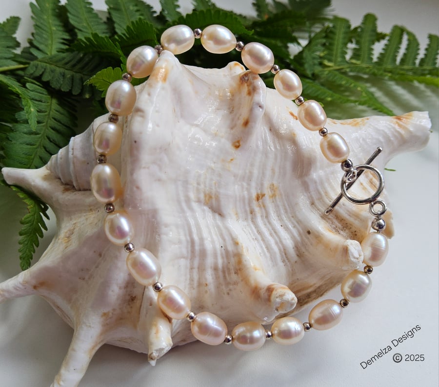 Large Rice Freshwater Cultured Pearl Sterling Silver Bracelet Top Grade