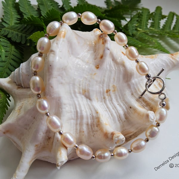 Large Rice Freshwater Cultured Pearl Sterling Silver Bracelet Top Grade