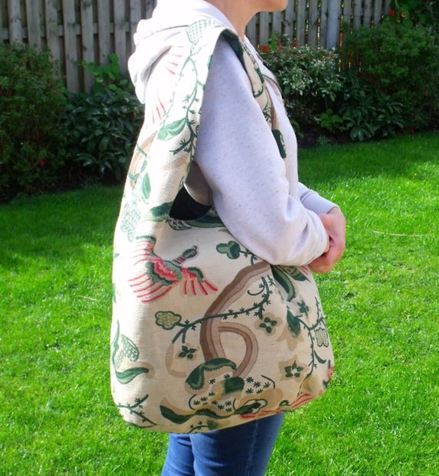 rare vintage Lee Jofa crewel fabric reversible shoulder bag