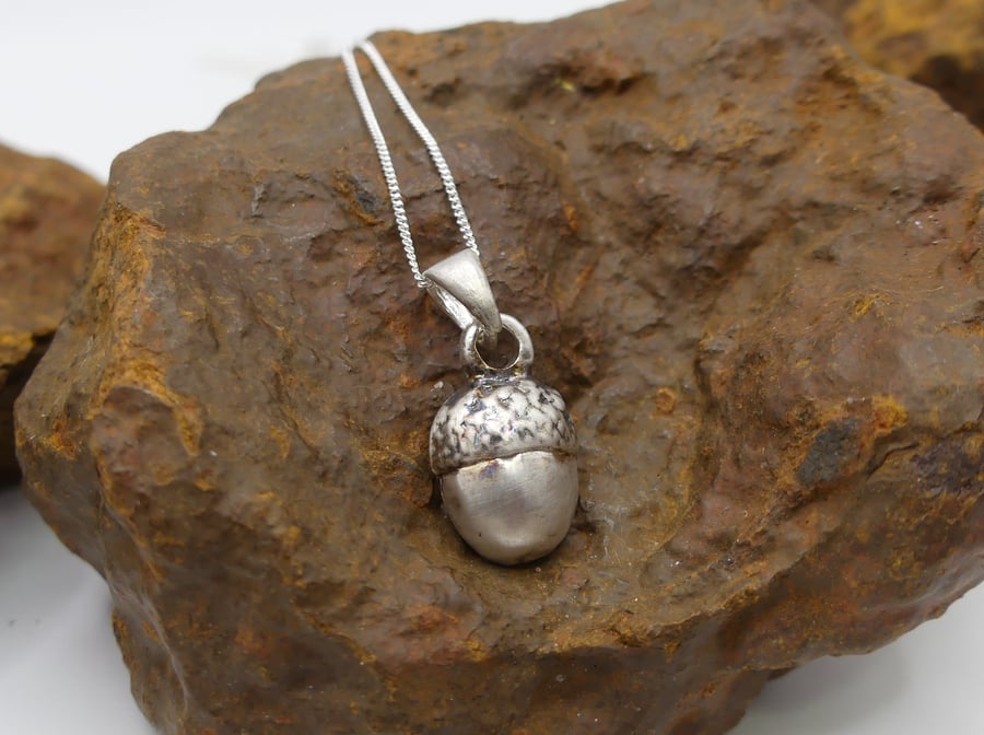 Recycled Sterling Silver Real Acorn Mould Pendant Necklace ECO STS Chain.