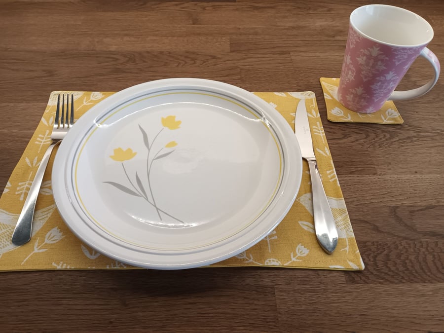 Yellow Ochre Placemat. Bird, Floral Scandi Style. Free Delivery