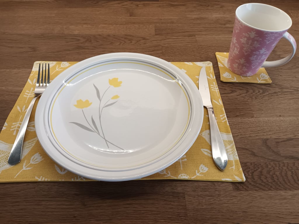 Yellow Ochre Placemat. Bird, Floral Scandi Style. Free Delivery