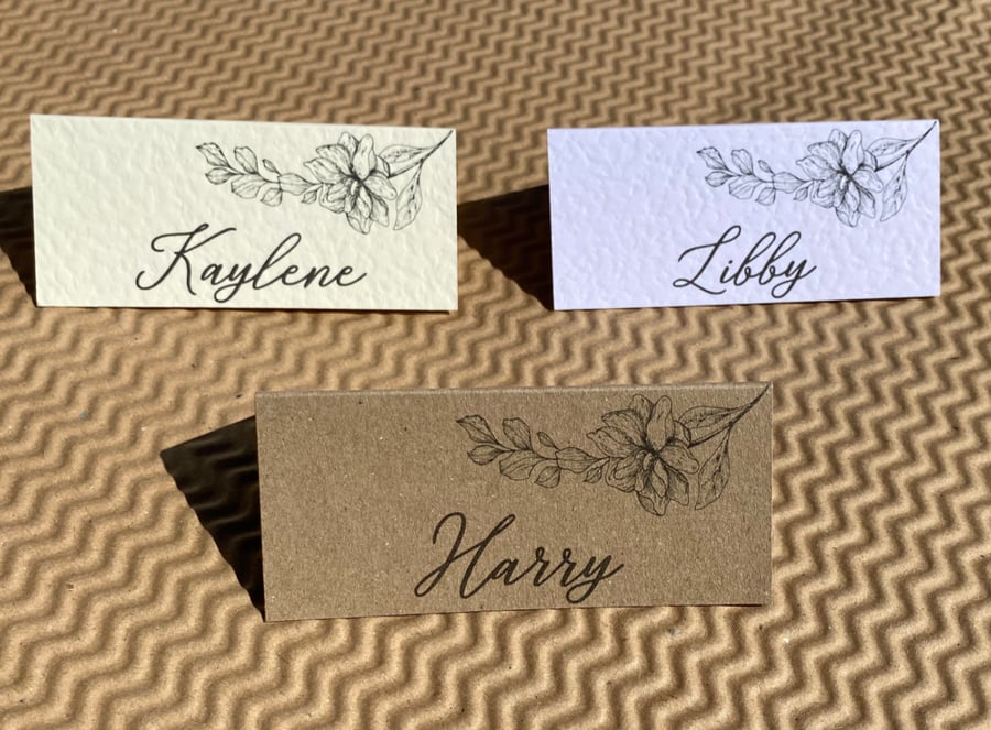 6x NAME place CARDS simple black floral outline rustic table wedding decor