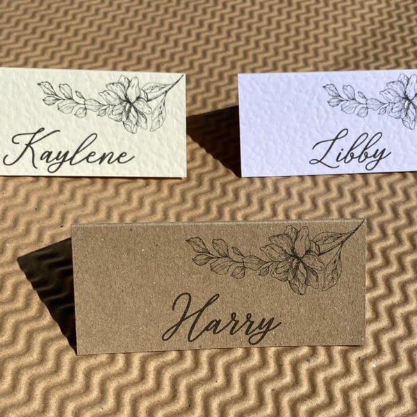 6x NAME place CARDS simple black floral outline rustic table wedding decor
