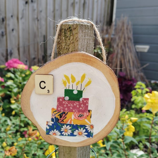 Wooden alphabet art -decorative wall plaque with first letter scrabble tile 