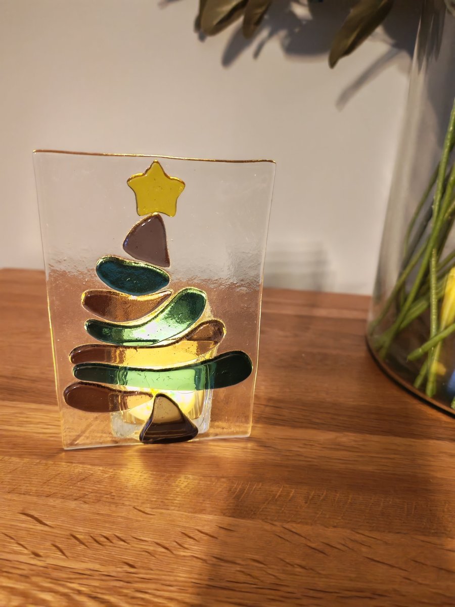 Blue and Purple Fused Glass Christmas Tree Tealight 