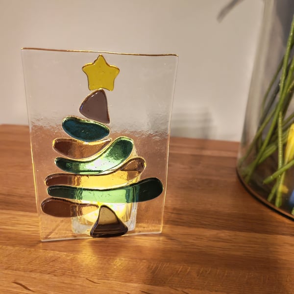 Blue and Purple Fused Glass Christmas Tree Tealight 