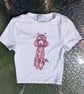 Handprinted lino alien poodle upcycled small cropped tee 