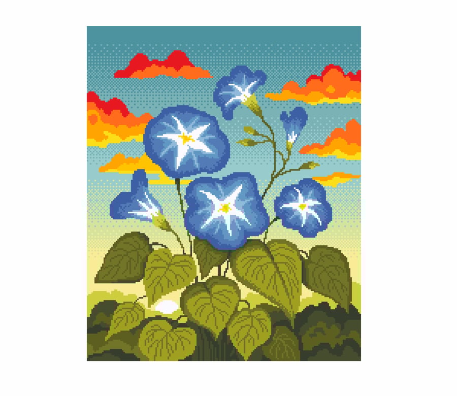 301 - Morning Glory Blue Flowers Sunrise Meadow Cross Stitch Pattern (PDF Chart)