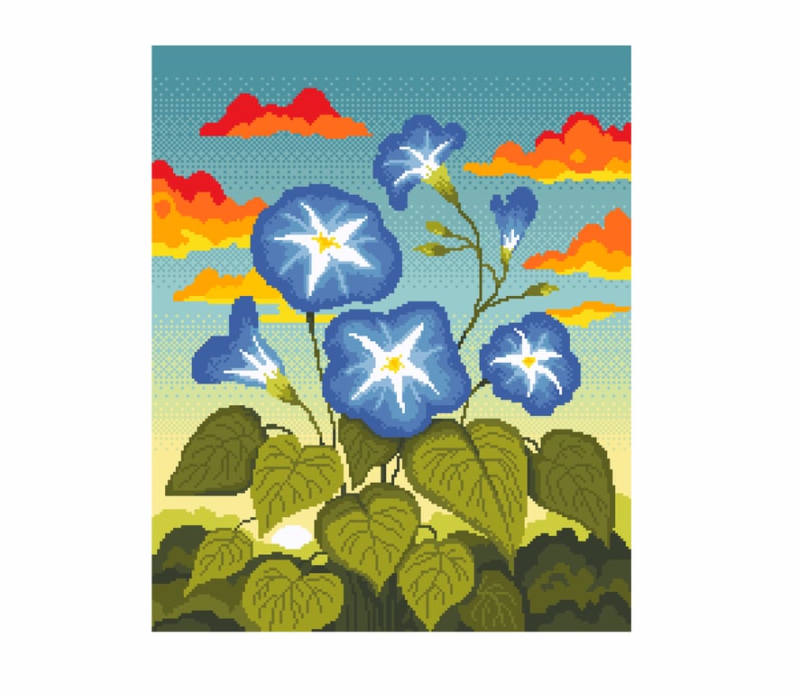 301 - Morning Glory Blue Flowers Sunrise Meadow Cross Stitch Pattern (PDF Chart)