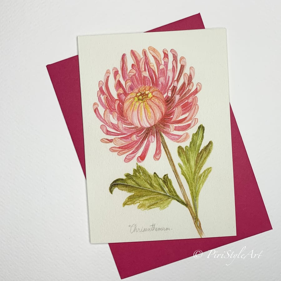 Chrysanthemum Botanical Greeting Card – Pinks & Greens Collection