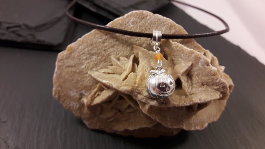 Sterling Silver Pumpkin on Brown Leather Necklace