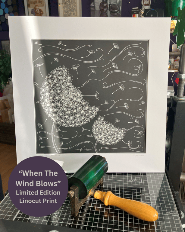 Lino Print - When The Wind Blows - Dandelions - Limited Edition Print