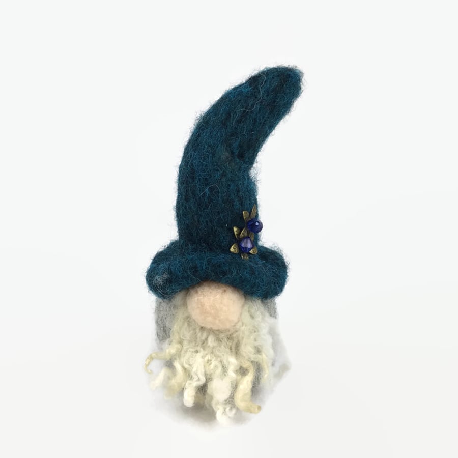 Tomte gnome like figure, needle felted with blue hat