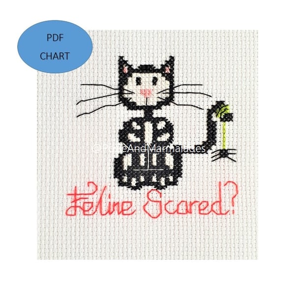 Halloween Cat in Skeleton costume cross stitch design (PDF download pattern)