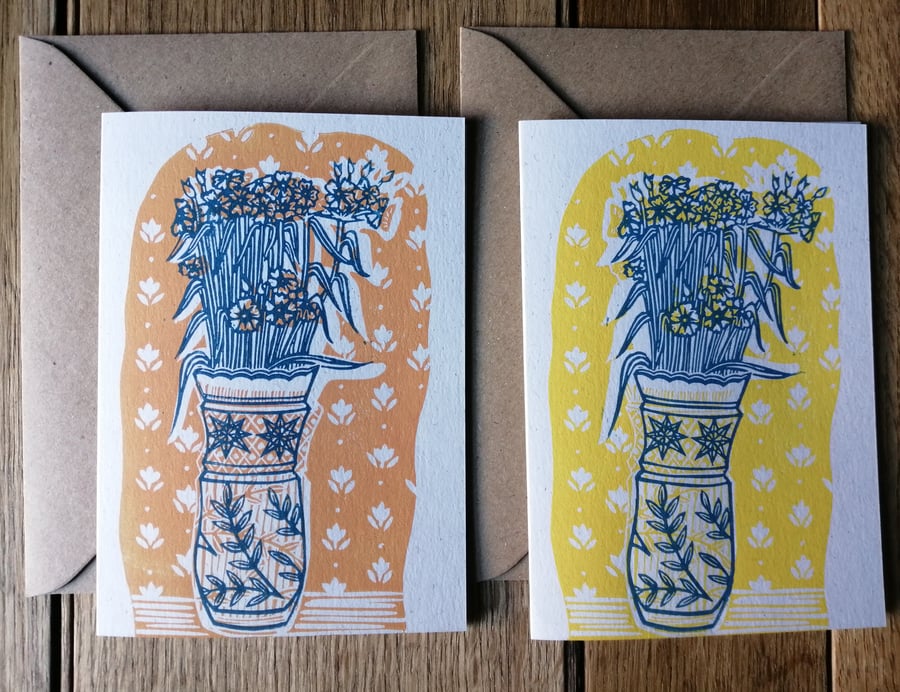 Flowers in vase lino hand printed card