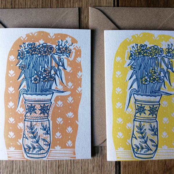 Flowers in vase lino hand printed card