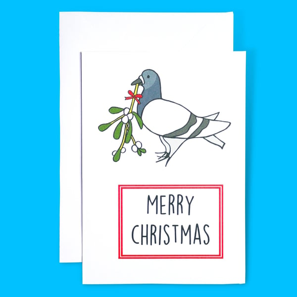 Merry Christmas Pigeon and Mistletoe Illustration A6 Card