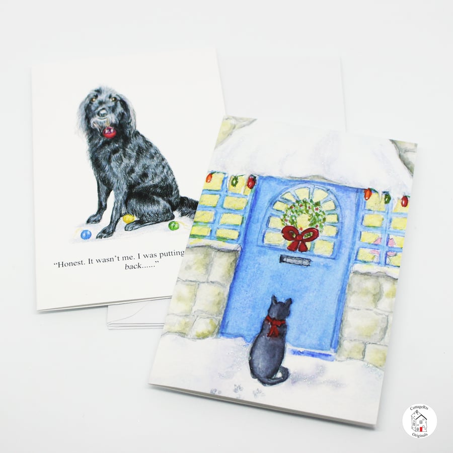 Pack of Christmas Cards Dog And Cat,Hand Designed And Finished by CottageRts