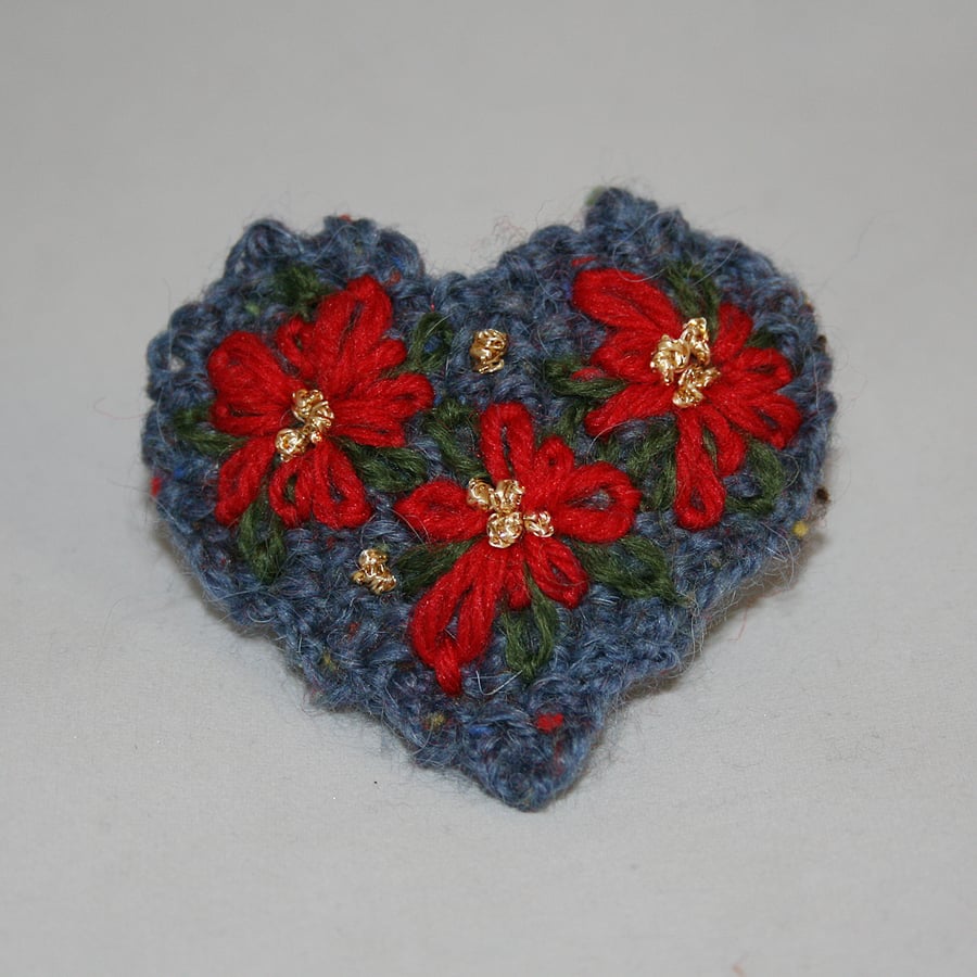 Ponisettia Brooch - Embroidered on a Blue Heart