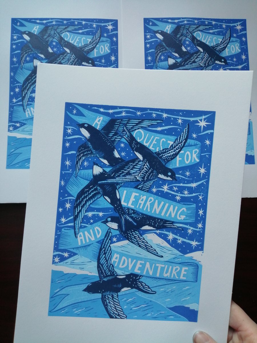 "Martlets" Original Reduction lino print birds starlings