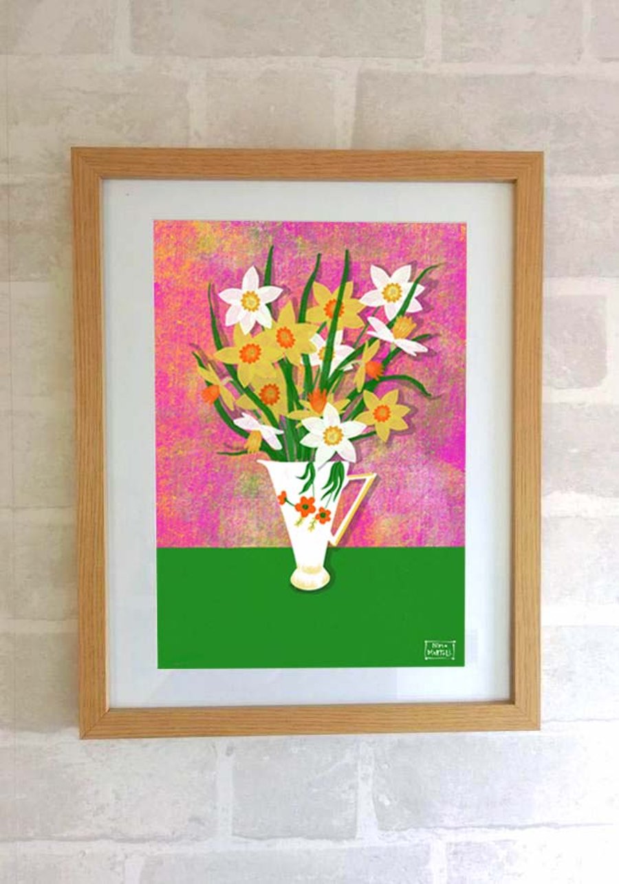 Vintage Vase with Daffodils. A4  Art Print Only by Nina Martell