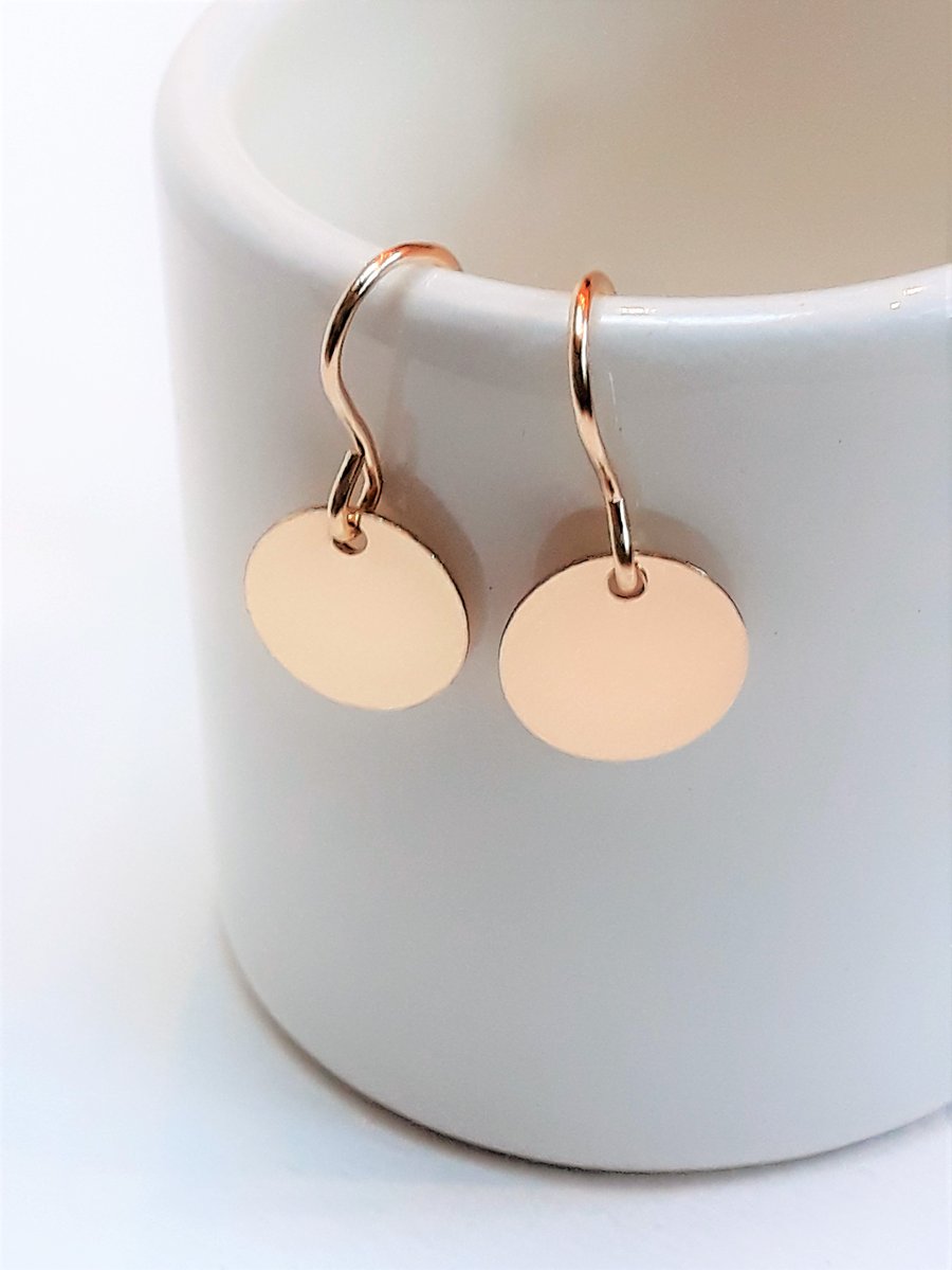 Tiny Gold Earrings, Gold Filled Small Disc Minimalist Drop Earrings