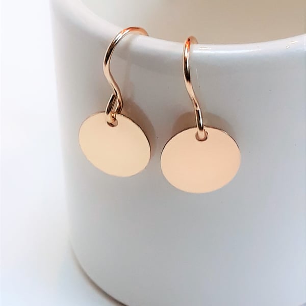 Tiny Gold Earrings, Gold Filled Small Disc Minimalist Drop Earrings