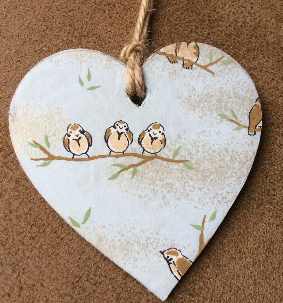 Wooden Hanging Heart Decoration with Bird Print