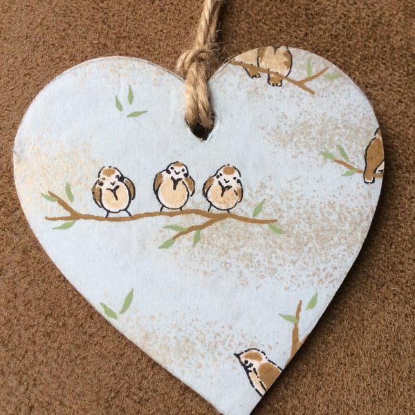 Wooden Hanging Heart Decoration with Bird Print