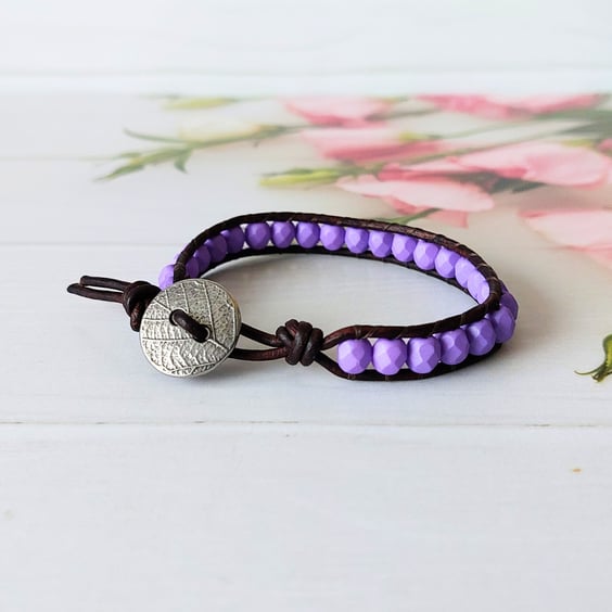 Purple Bead Leather Wrap Bracelet