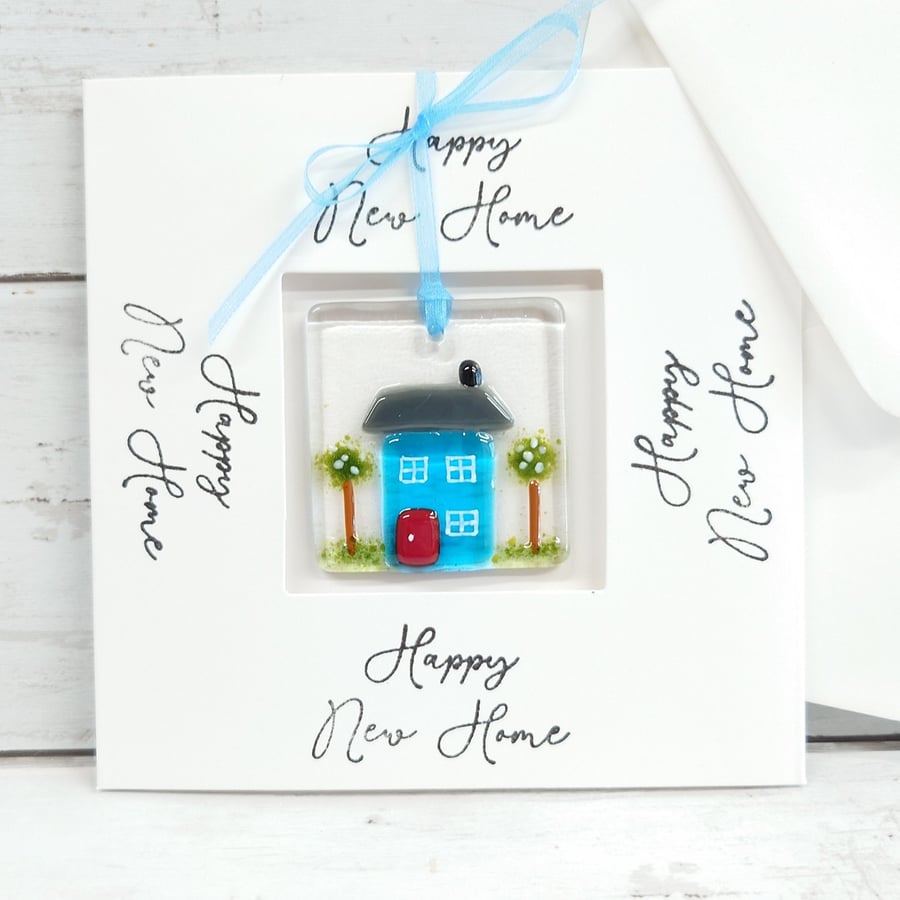 Moving Home Card with Fused Glass Keepsake; Turquoise House Decoration