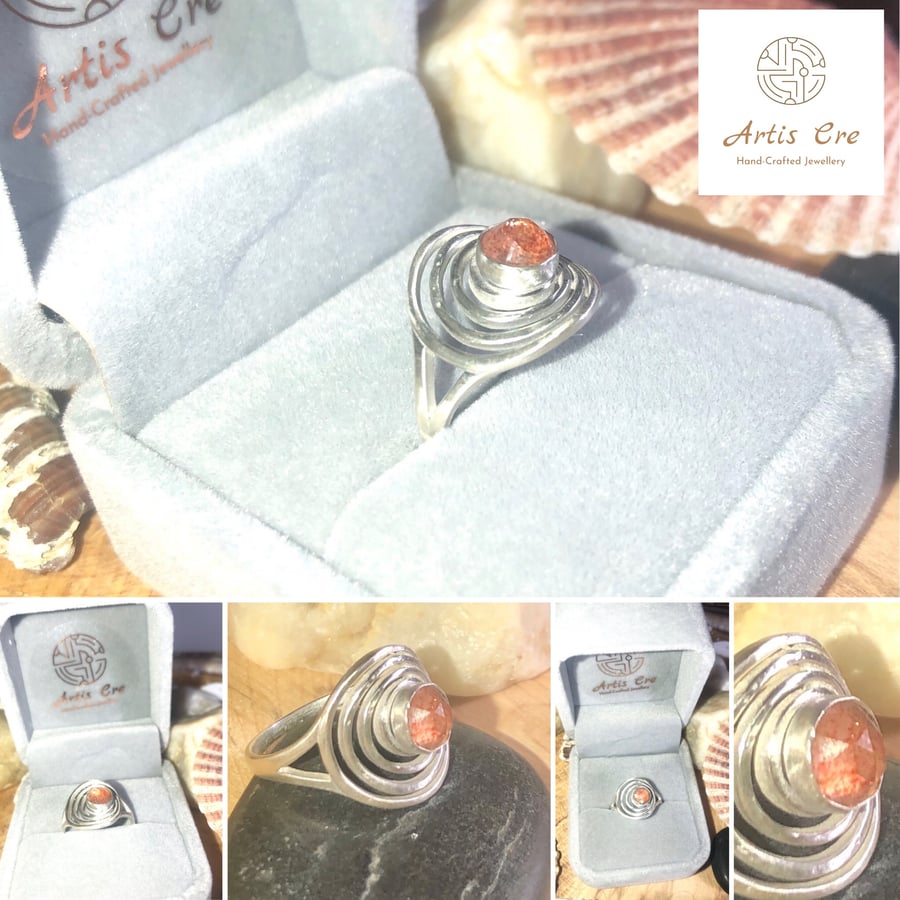 Natural faceted sunstone glittering orange sterling silver statement ring uk N