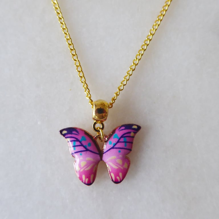 Pink and Blue Butterfly Pendant with gold plated Chain