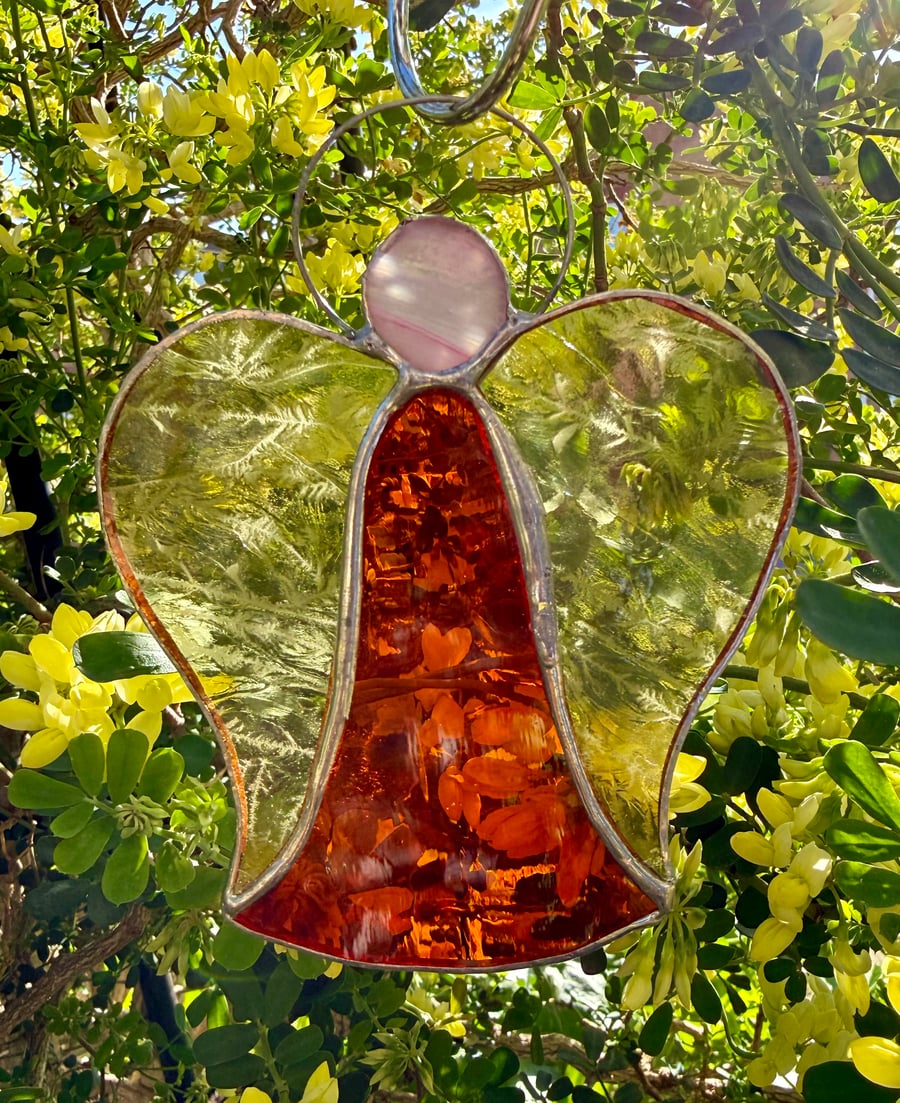 Stained Glass Bell Angel Decoration - Mid-orange glow with amber wings