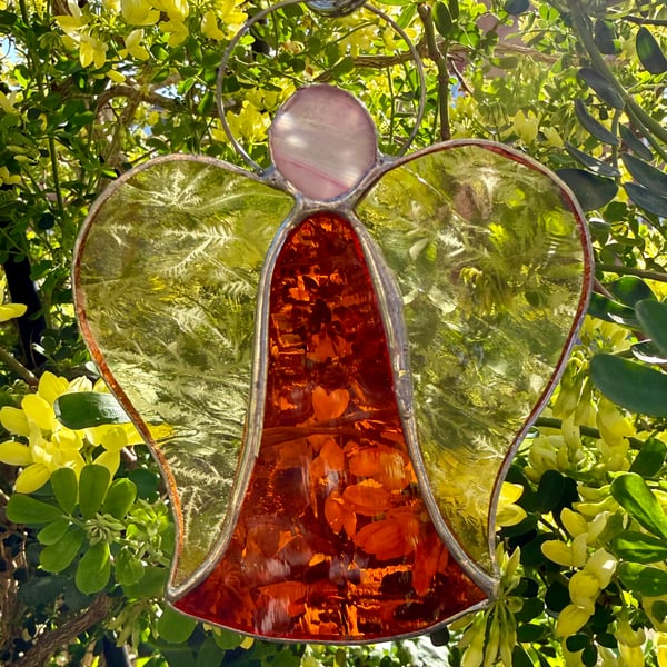Stained Glass Bell Angel Decoration - Mid-orange glow with amber wings