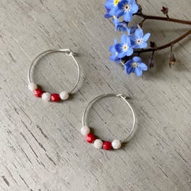 Red & White Beaded Hoop Earrings, sterling silver