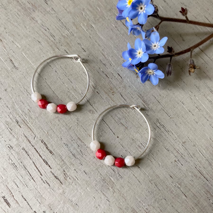 Red & White Beaded Hoop Earrings, sterling silver