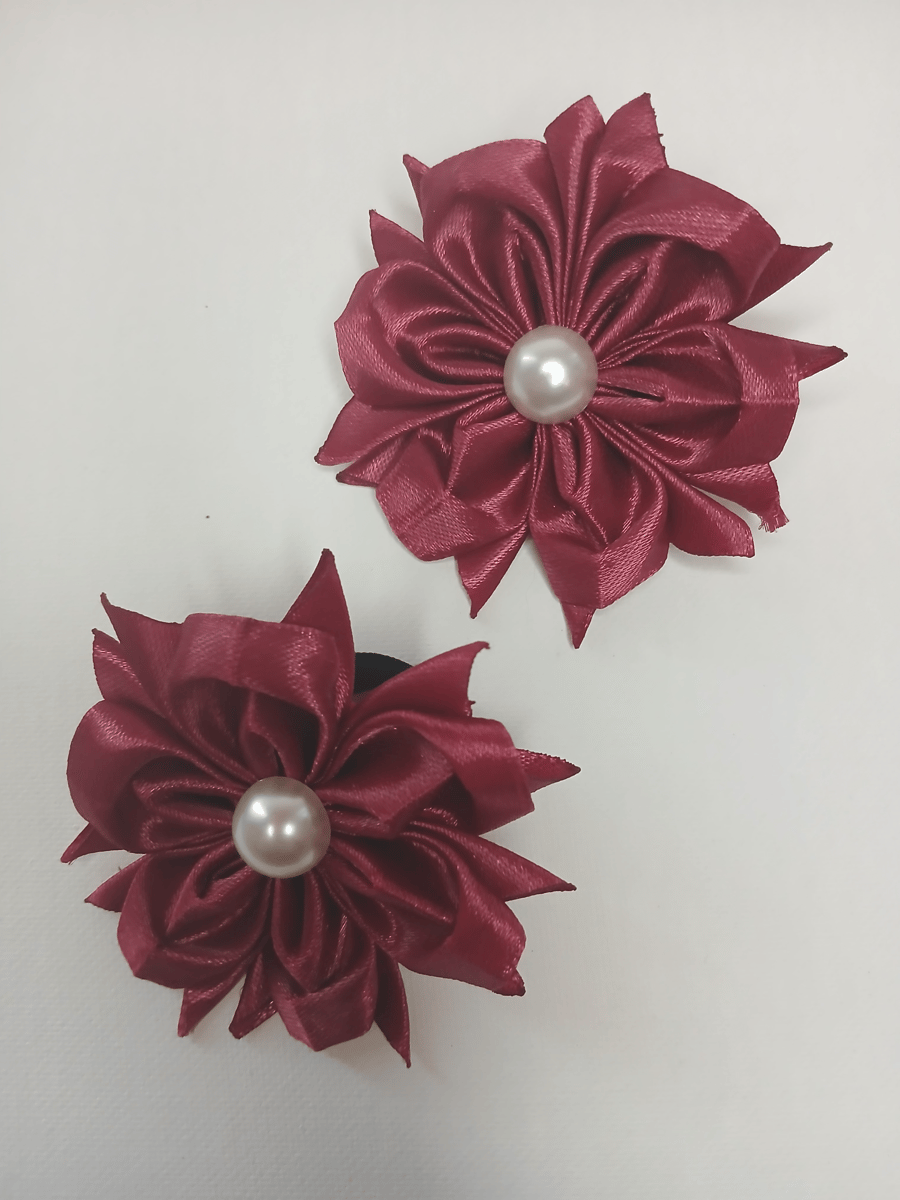 Handmade Hair Ties with Satin Flowers - a Burgundy Pair with a Bead