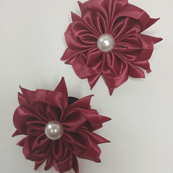 Handmade Hair Ties with Satin Flowers - a Burgundy Pair with a Bead