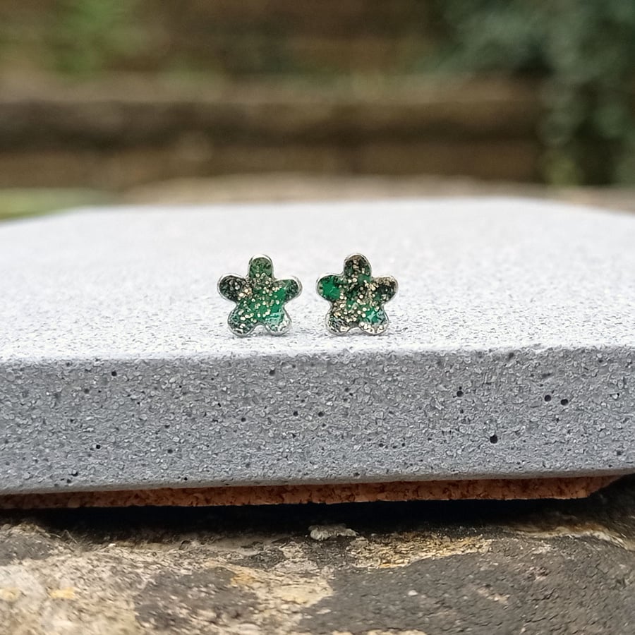 black green & gold flower stud earrings - handmade with recycled sterling silver