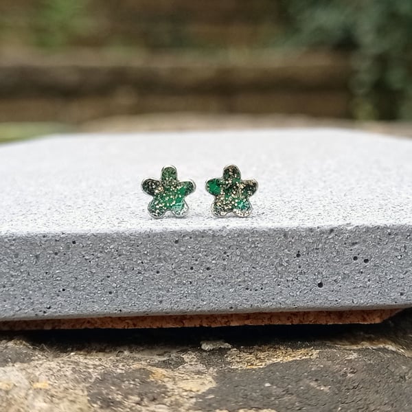 black green & gold flower stud earrings - handmade with recycled sterling silver